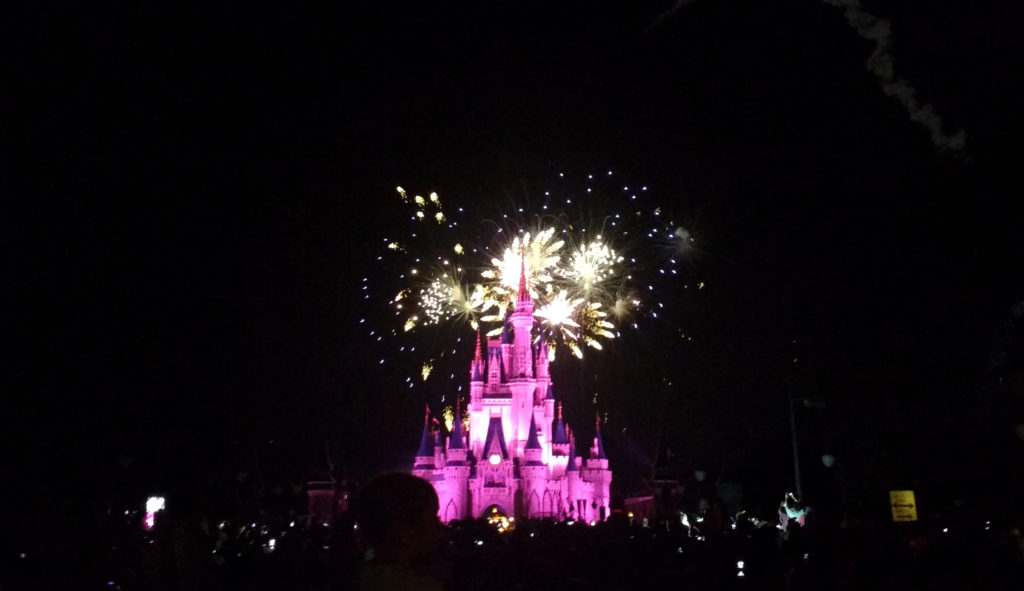 Show de fogos Wishes, com o Castelo da Cinderela iluminado