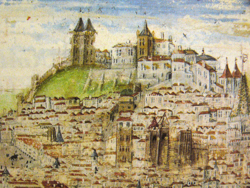 Panorama de Lisboa com o Castelo no topo e as muralhas da cidade, na crônica de D.Afonso Henriques, de Duarte Galvão (1505). Fonte: wikipedia