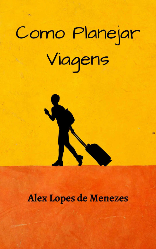 Capa do livro como planejar viagens, em amarelo e laranja, com uma viajante e suas malas